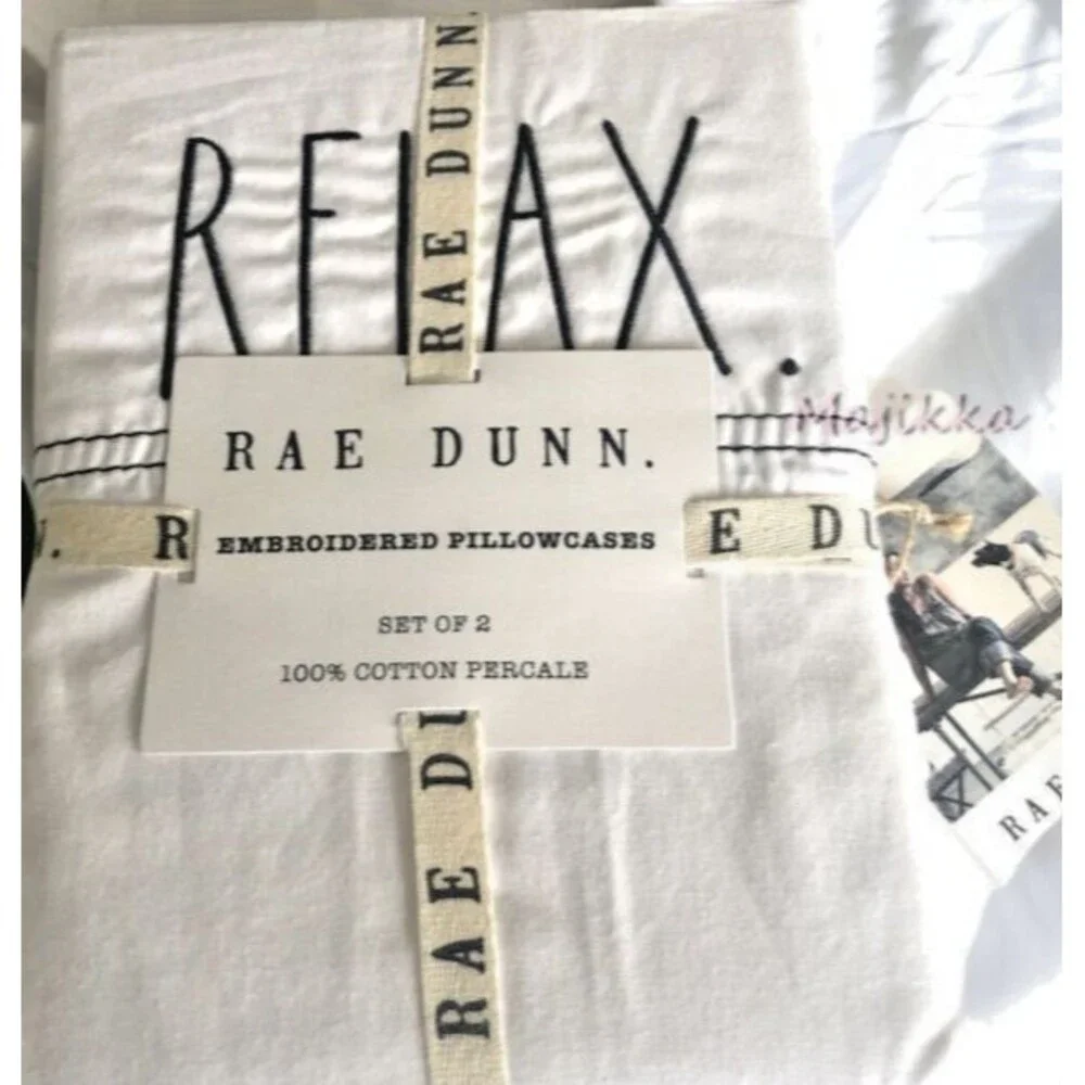 Rae Dunn Pillowcases Relax Embroidered Standard White Cotton Percale Set of 2